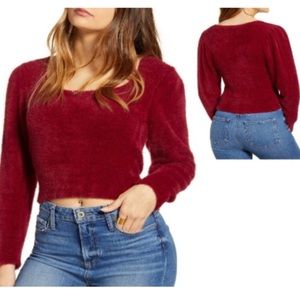 NEW ASTR The Label Womens Fuzzy Square Neck Long Sleeve Cropped Pullover Sweater